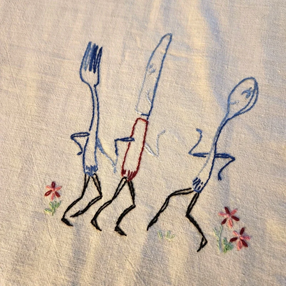 Embroidered Tablecloth Knife Spoon Fork Anthropomorphic Square 34x33in Whimsical